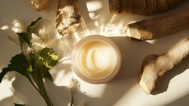 A jar of cream sits on a table with some herbs and flowers. The jar is half full and the cream is white