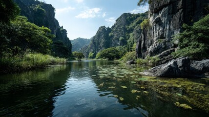 Majestic limestone cliffs and lush greenery surround