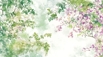 Soft watercolor-style painting of a serene forest scene, features a grove of trees with slender trunk with some delicate pink cherry blossoms, The beautiful background is a dreamy forest.