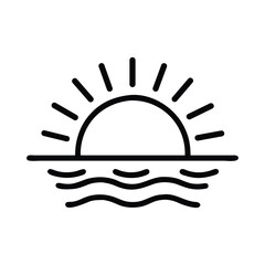 A minimalist, black line art illustration of a sunset over water.