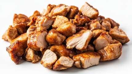 Pile of roasted chicken cubes stacked randomly on a white background, showcasing their crispy exteriors