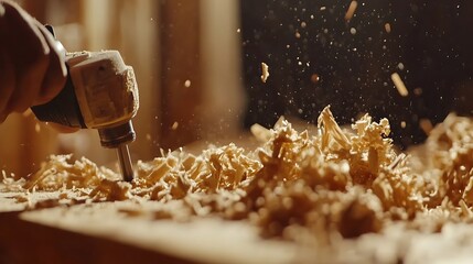 Close-up of a Drill in Action with Wood Shavings