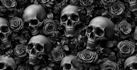 Human skulls surrounded by blooming roses and leaves in a surreal artistic style on a dark background. Concept of mortality and beauty. Ai generative © VideoFlow