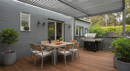 Outdoor dining area with grill on a wooden deck