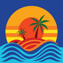 Tropical Beach Vector Art – Palm Tree, Ocean Waves, Bright Sunset, Summer Minimalist Design