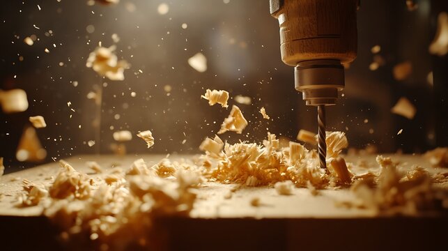 Close-up of a drill bit cutting through wood with sawdust flying - Powered by Adobe
