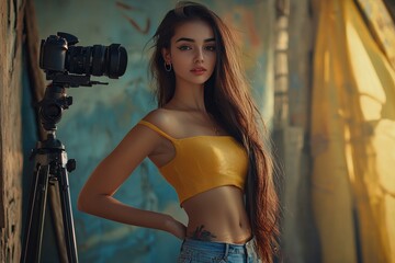 Beautiful model posing in photo studio the photographer takes a picture of her on camera