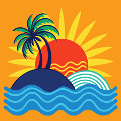 Tropical Beach Vector Art – Palm Tree, Ocean Waves, Bright Sunset, Summer Minimalist Design