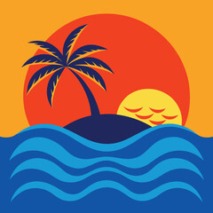 Tropical Beach Vector Art – Palm Tree, Ocean Waves, Bright Sunset, Summer Minimalist Design