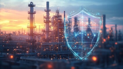 industrial facility protection with digital shield over refinery at dusk enhances safety