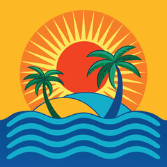 Tropical Beach Vector Art – Palm Tree, Ocean Waves, Bright Sunset, Summer Minimalist Design