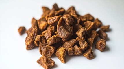 Obraz premium Roasted chicken cubes forming a pyramid shape on a white surface, displaying their three-dimensional texture