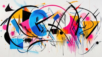 Abstract painting with chaotic composition of shapes and lines in blue, pink, yellow, red, black, and white