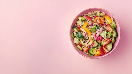 Colorful Quinoa Salad in Pink Bowl on Pink Background Flat Lay Healthy Eating Overhead Food Photography