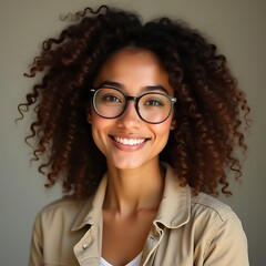Obraz premium Smiling Young Woman with Curly Brown Hair and Glasses, a Head and Shoulders Portrait with Neutral Background and Natural Light. 