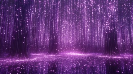 Purple glowing strands illuminate a dark forest floor.