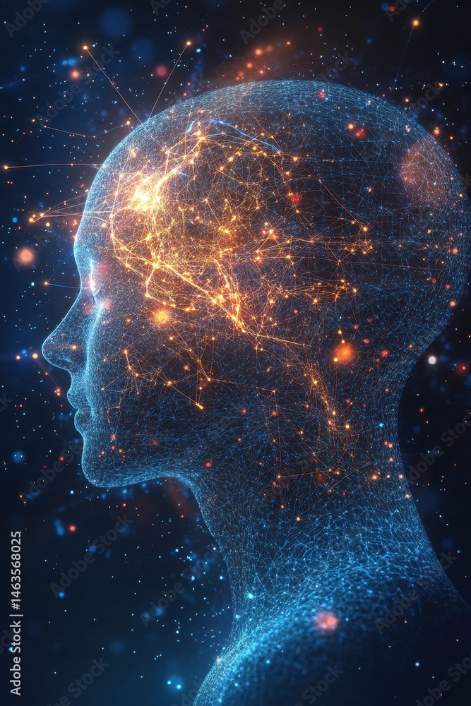 Poster digital human head with neural network connections shining brightly in the dark side view artificial