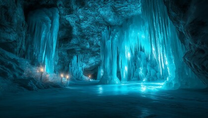 Obraz premium A stunning ice cave with glistening blue walls and intricate ice formations illuminated by soft natural light