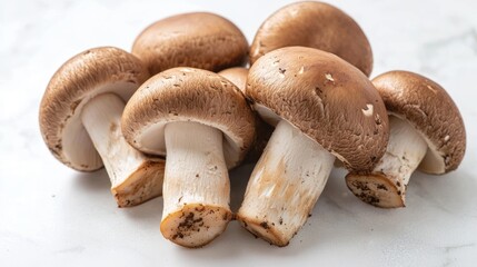 A whole cluster of cremini mushrooms, with their smooth, brown caps resting on a white surface.