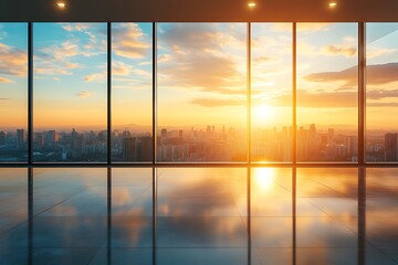 Fototapeta premium Empty modern office space with panoramic city sunset view