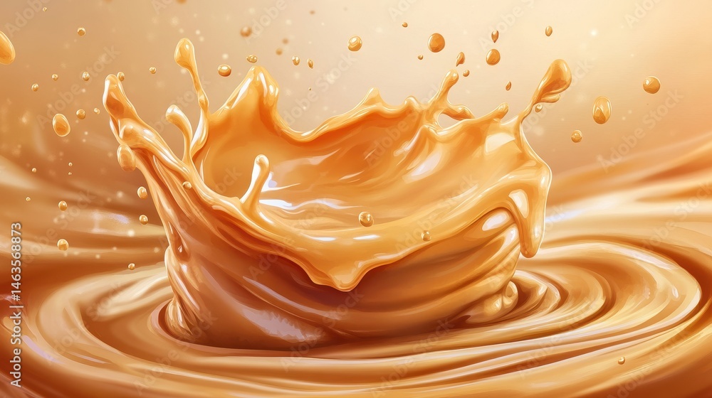 Poster caramel splash close up action shot of golden liquid with ripples and droplets in studio setting