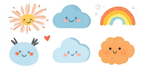 Smiling Weather Sun with Clouds, and Rainbow Fun, and Cute Illustration.
