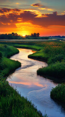 Golden Tranquility: Sunset Reflections and Nature's Symphony along a Meandering River