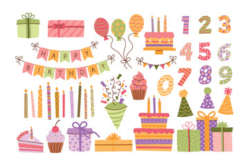 Flat delicate pastel happy birthday elements set. Clapper, candles, cake, balloons, gift boxes, numbers collection. Vector illustrations isolated on white background for greeting cards, scrapbooking.
