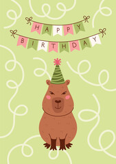 Happy birthday childish greeting card with cute capybara character in party hat and paper garland. Vector flat fun hand drawn poster, postcard, label for party, holiday, scrapbooking, print, media.