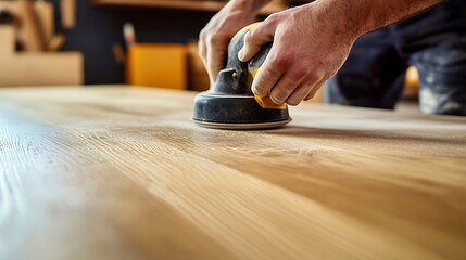Craftsman Using Orbital Sander on Wooden Surface