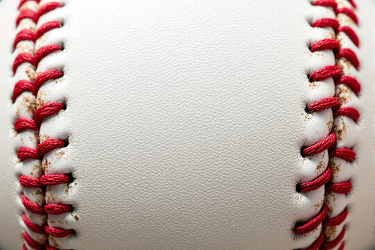 Detailed close-up of a white leather baseball featuring red stitches and visible dirt, shown on a soft sport background with focus on texture. Ai generative