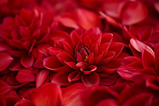 Close-up view of vibrant red dahlia blossoms.