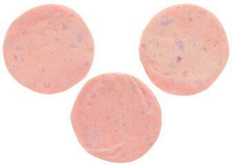 Set of sliced ham ​​bologna sausage isolated on transparent background. Top view 