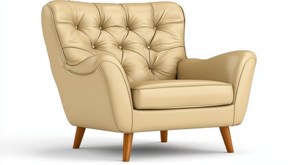 Beige tufted armchair with wooden legs on white background. The chair is shown in a three quarter view, highlighting its texture and design details. 