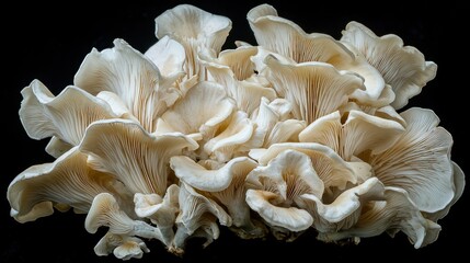 A bunch of oyster mushrooms with delicate, ruffled white caps, arranged artistically.