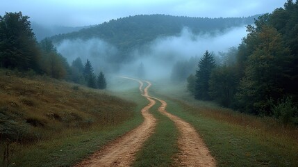 mountain road in the fog
