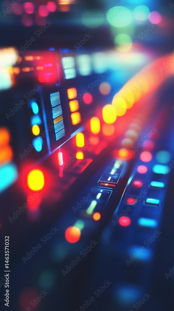 Aufkleber close up of futuristic control panel with glowing lights in a dark room with bokeh effect and soft f