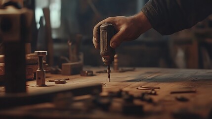 Carpenter Using a Drill in Workshop