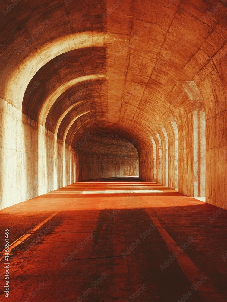 Poster concrete tunnel perspective with arches and light shafts casting shadows on the floor in warm tones 