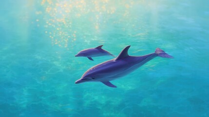 Naklejka premium Two Dolphins Swimming Gracefully in Turquoise Ocean Water Under Sunlight
