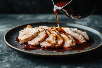 Pouring Gravy Over Sliced Pork Tenderloin on Plate Close Up Delicious Meal Culinary Presentation Restaurant