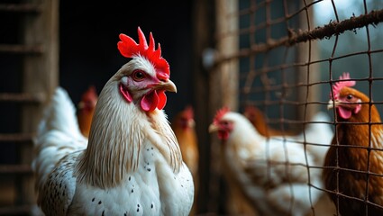 Close-up of a domestic chicken with white feathers and red comb in a poultry coop