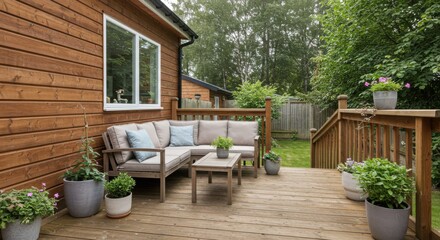 Fototapeta premium Outdoor seating area on a wooden deck with plants