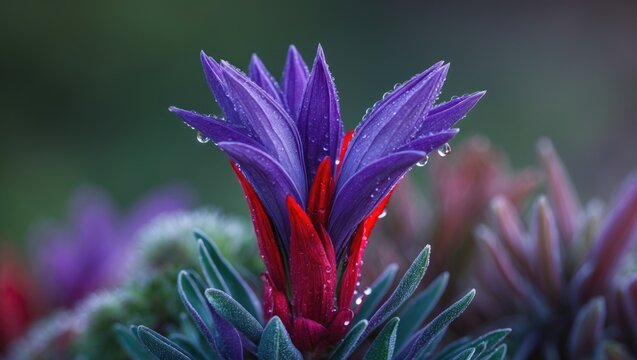 Beautiful purple and red blossom with dew drops on African Sage plant in mountain terrain