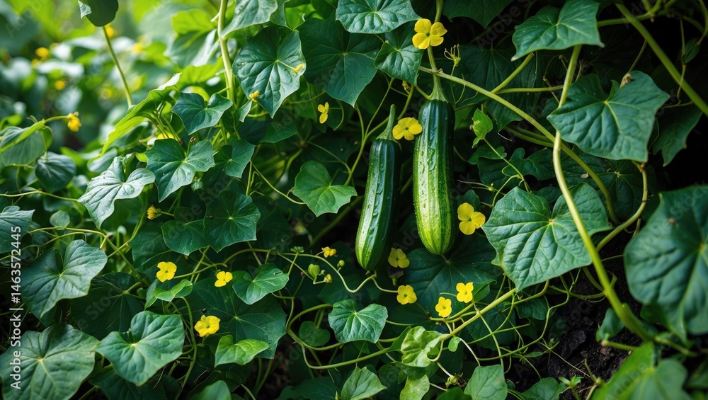 Poster zoomed-in photograph of a cucumber vine displaying green leaves that show yellowing signs. small, de