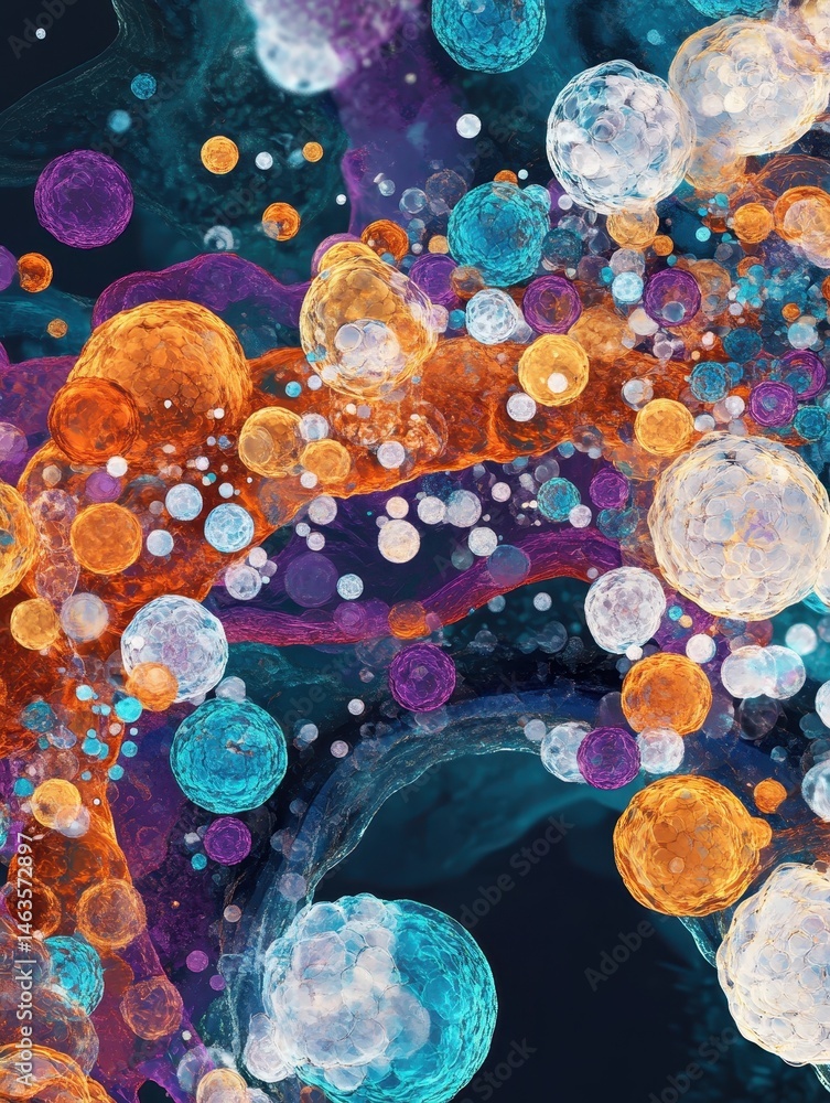 Poster abstract cellular structure with vibrant colors showing cell biology and microscopic life from a hig