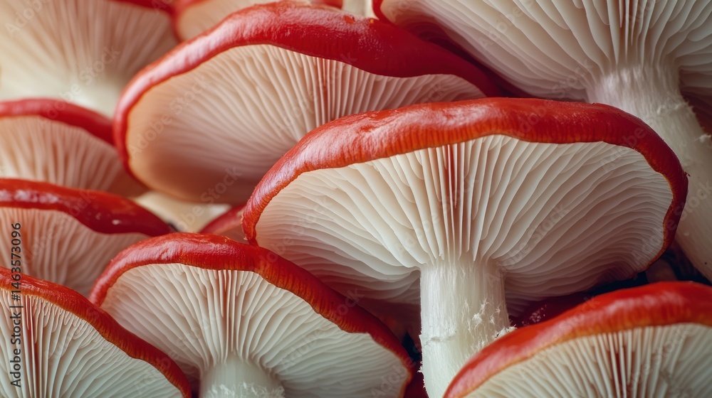 Poster a close-up of a cluster of red-staining mushrooms with a bright red cap and white stem.