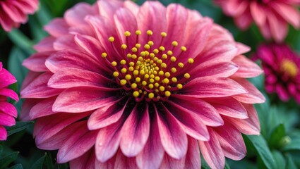 Fototapeta premium Detailed view of a blooming Zinnia flower with colorful background