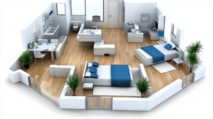 Modern apartment interior design, 3D rendering showing open floor plan with bedroom, kitchen, and living areas. Light wood floors, white walls, and