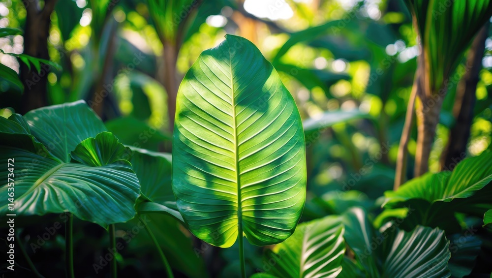 Aufkleber close-up of lush green banana leaves with intricate textures and patterns in a natural garden settin
